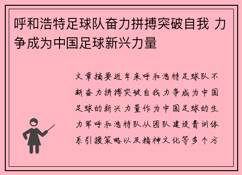 呼和浩特足球队奋力拼搏突破自我 力争成为中国足球新兴力量