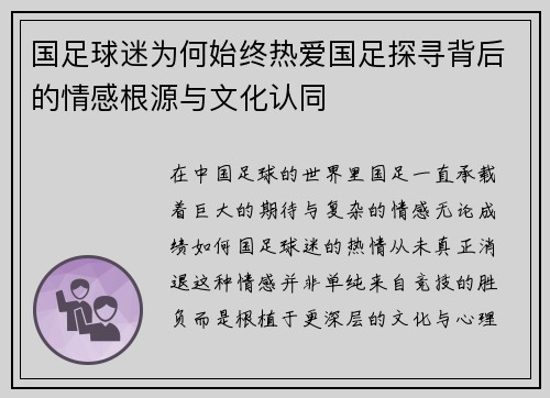 国足球迷为何始终热爱国足探寻背后的情感根源与文化认同